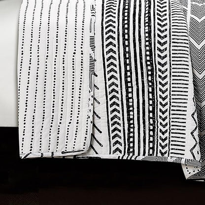 Lush Decor Hygge Geo Pattern Striped 3 Piece Quilt Bedding Set, King, Black & White