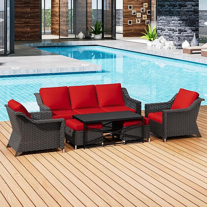 6 Pieces Outdoor Conversation Furniture Set - 77" Patio Sofa, 2 Armchairs, 2 Ottomans, 1 Metal Table, Patio Wicker Couch Set with Washable Cushions for Swimming Pool (Red)