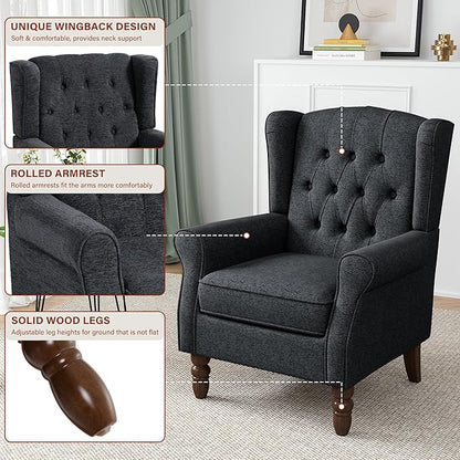 High Back Accent Chairs Set of 2, High Wingback Chair for Living Room, Button-Tufted Upholstered Fabric Armchair with Solid Wood Legs, Comfy Single Sofa Reading Chair for Bedroom, Dark Navy