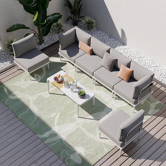 Sundale Outdoor 7 Pieces Metal Patio Furniture Set, Outdoor Sectional Sofa w/6 Inch Olefin Cushion and Coffee Table, Modern Outdoor Conversation Sets (6 Seats, White Frame)