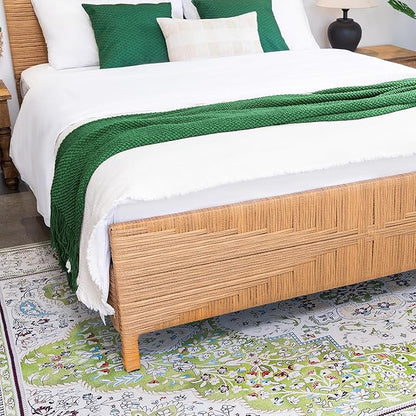 Yechen Boho Full Bed Frame with Headboard and Footboard, Hand-Woven Rattan Mid Century Modern Bedframe with Vintage Pattern, Wicker Bed with Metal Frame and Metal Slats, No Box Spring Needed, 1000lbs