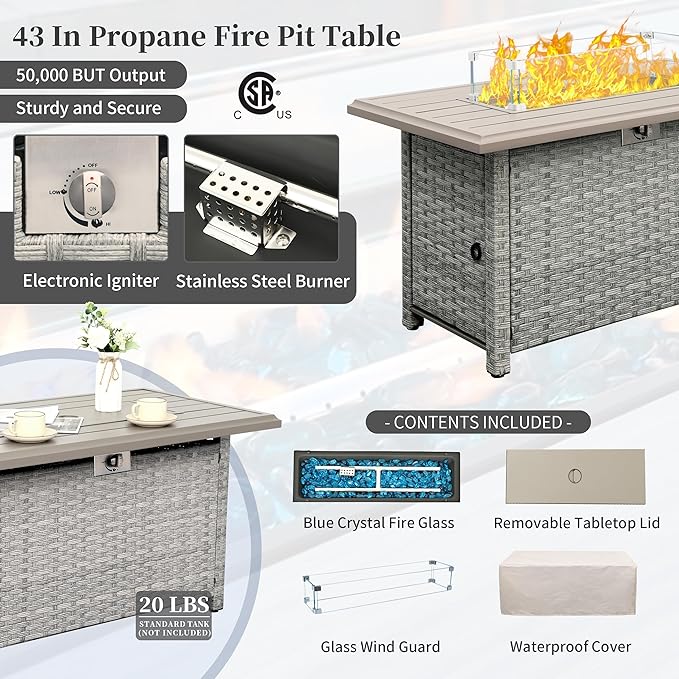 WAROOM Patio Furniture Set 6 Piece Grey Wicker Outdoor Furniture Patio Sectional Sofa Couch PE Rattan Conversation Sets with Fire Pit Table, Grey Cushion