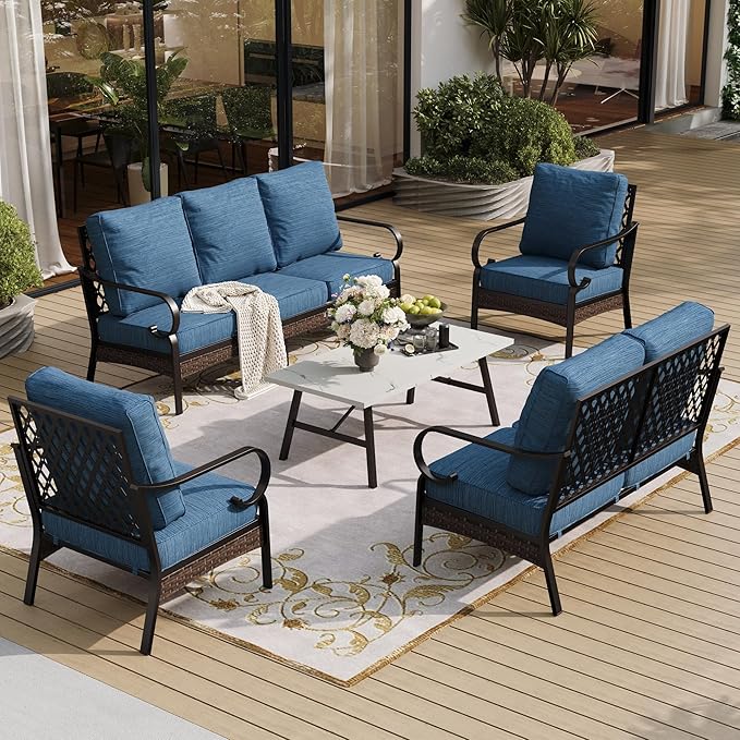 5 Piece Metal Outdoor Patio Furniture Set, Patio Conversation Sets 3-Seater Sofa, 2-Seater Sofa, 2 Fixed Chair with 5.75" Thick Cushion & Coffee Table Black Backyard Furniture, Blue-2