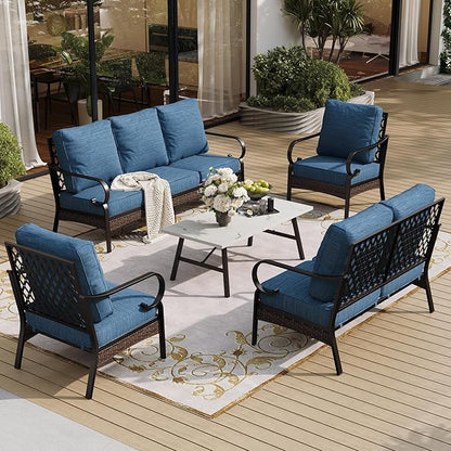 5 Piece Metal Outdoor Patio Furniture Set, Patio Conversation Sets 3-Seater Sofa, 2-Seater Sofa, 2 Fixed Chair with 5.75" Thick Cushion & Coffee Table Black Backyard Furniture, Blue-2
