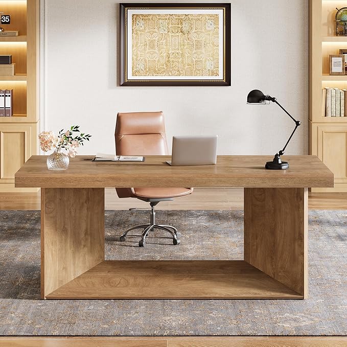Tribesigns 63-Inch Executive Desk, Large Office Computer Desk with Heavy Duty Pedestal, Farmhouse Simple Workstations Writing Table for Home Office, Rustic Brown
