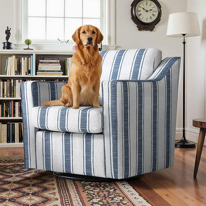 Pia Ricco Set of 2 Oversized Modern Striped Fabric Swivel Accent Chairs with Removable Covers, Living Room Reception Set,Navy