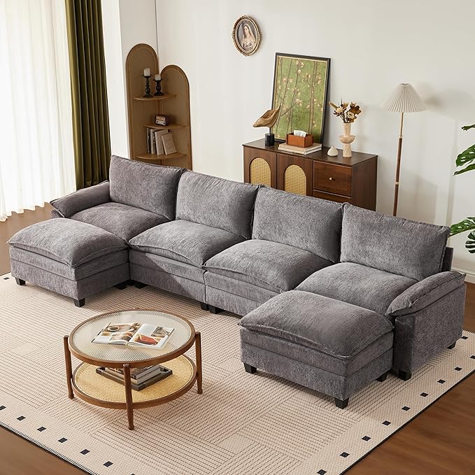 147 Inch Big Comfy Couch with Ottoman, 6 Seat U Shaped Couches, Cloud Modular Sectional Sofa, Modern Cloud Couch Sectionals, Sectional Couches for Living Room, Oversize Deep Seat Sofa, Grey