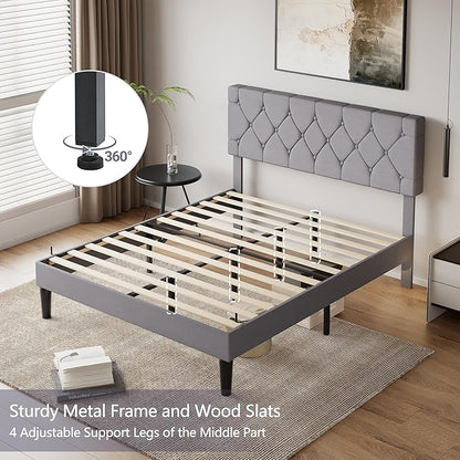 VECELO Full Bed Frame with Headboard, Upholstered Platform Bedframe with Wooden Slat Support, Button Tufted Design, No Box Spring Needed, Linen Grey
