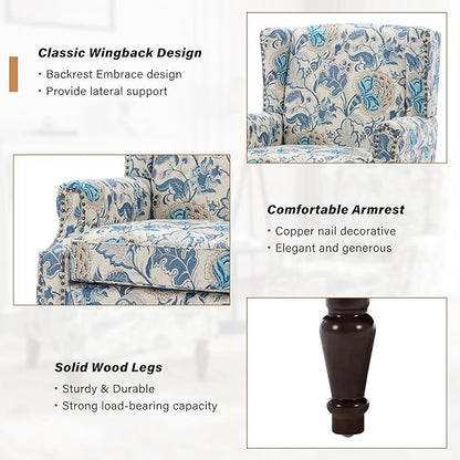 Floral Wingback Accent Chairs Set of 2, High Back Upholstered Armchair, Comfy Fabric Wingback Arms Chairs with Retro Solid Wood Legs, Single Sofa Reading Chair for Bedroom Living Room, Boho Blue