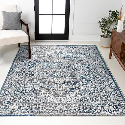 JONATHAN Y Modern Vintage Medallion Navy/Light Gray Indoor Area Rug, 5x8, Country, Floral, Easy-Cleaning for Living Room, Bedroom, Kitchen, Pet Friendly, Non-Shedding (MDP100B-5)