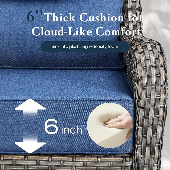Belord Luxury 6" Thick Cushioned 5 Pieces Patio Furniture Set with 2 Ottomans, Wicker Outdoor Conversation Set with High Back Swivel Rocker Patio Chairs for Deck Porch Yard and Poolside - Grey+Blue