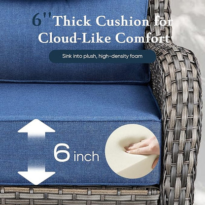 Belord Luxury 6" Thick Cushioned 5 Pieces Patio Furniture Set with 2 Ottomans, Wicker Outdoor Conversation Set with High Back Swivel Rocker Patio Chairs for Deck Porch Yard and Poolside - Grey+Blue