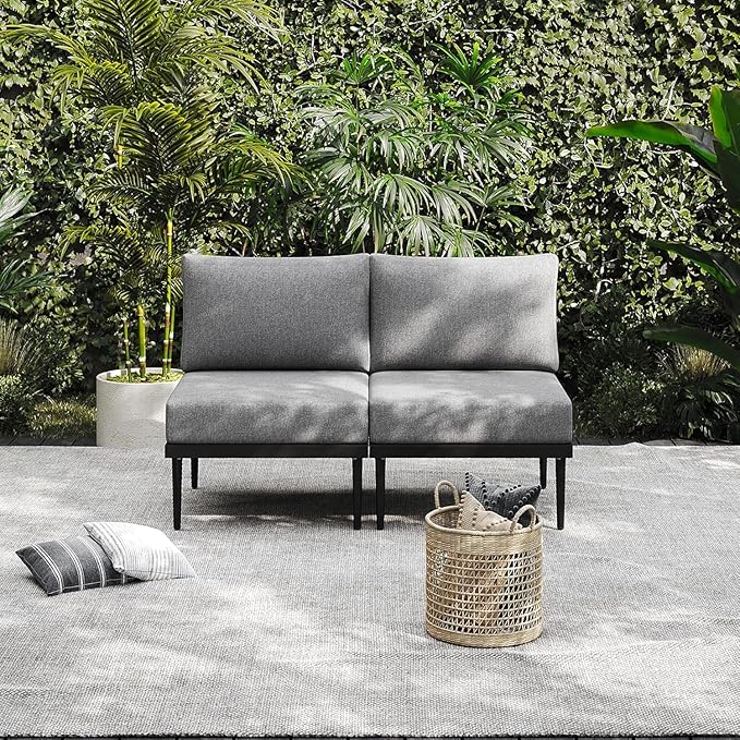 Sundale Outdoor 3 Pieces Patio Furniture Set, Metal Outdoor Sectional Sofa with 6 Inch Olefin Cushion and Coffee Table, All-Weather Modern Outdoor Conversation Sets (Grey Frame)