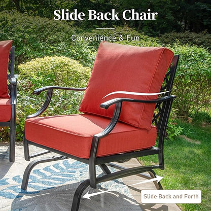 7 Piece Metal Outdoor Patio Furniture Set, Patio Conversation Sets 3-Seater Sofa, 2 Rocking Chair, 2 Ottomans with 5.75" Thick Cushion, Black All-Weather Frame Backyard Furniture, Red