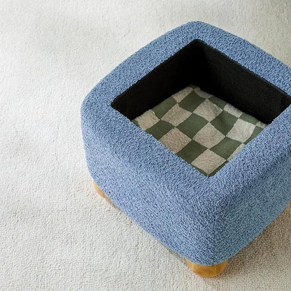 Walker Edison Linley Contemporary Small Storage Bouclé Ottoman with Wood Legs, Soft Blue