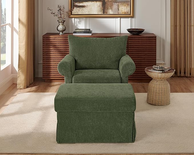 Modern Accent Chairs with Ottoman Set, Comfy Chenille Reading Armchair with Rolled Arms and Cushion Backrest, 35.8" W Chaise Lounge Chair for Living Room, Bedroom, Study, Apartment, Green