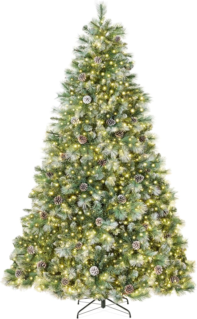 Best Choice Products 6ft Pre-Lit Scotch Pine Christmas Tree, Premium Frosted Pre-Decorated Artificial Holiday Decor w/ 946 Branch Tips, 2-in-1 White and Multicolor LED Lights, Cordless Setup