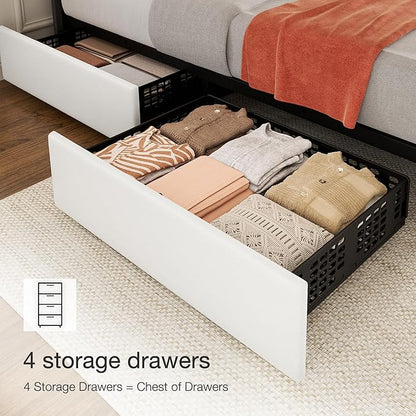 Garvee Queen Size Bed Frame with 4 Storage Drawers, Adjustable Height Headboard, Linen Upholstered Platform Bed Frame, No Box Spring Needed, Easy Assembly, White
