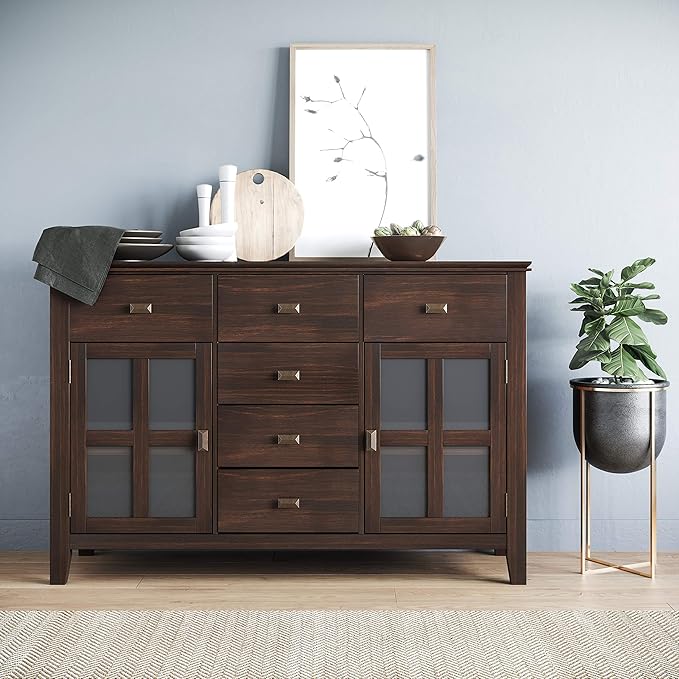 SIMPLIHOME Artisan Buffet - 54 inch Wide Solid Wood 3-Door Sideboard Buffet in Dark Chestnut Brown, Transitional Storage Cabinet for Dining Room or Kitchen with Adjustable Shelves and Bronze Hardware