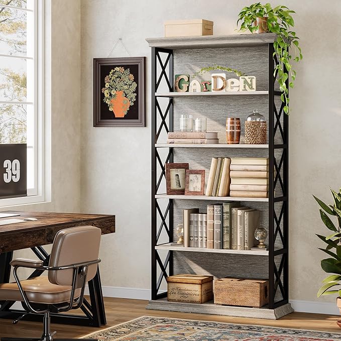 Tribesigns 71-Inch Tall Bookcase, 5-Tier Industrial Metal Bookshelf, Large Etagere Bookcases and Bookshelves, Freestanding Display Shelves for Living Room, Bedroom, Gray and Black