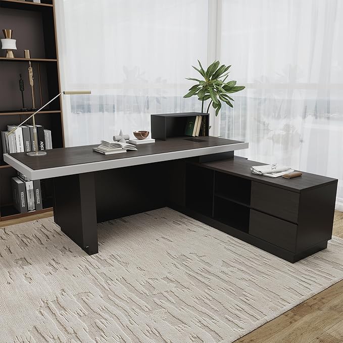 SAINTCY 86" Executive Desk with Drawers - L Shaped Desk with File Cabinet, Black Executive Office Desks with LED Light, Home Office Desk,2.6" Thickened Desktop