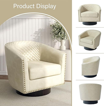 Pia Ricco Faux Leather Swivel Barrel Accent Chairs, 360° Swivel Round Single Sofa Chair, Comfy Upholstered Club Armchair with Nailhead Trim for Living Room/Reading Room/Bedroom,Beige