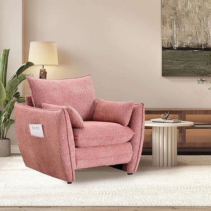Chenille Oversized Accent Chairs Set of 2, Modern Oversized Armchair with Removable Pillow, Comfy Living Room Chair with Side Pocket Storage for Bedroom, Office, Pink