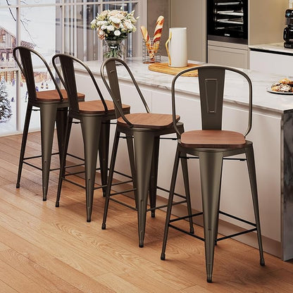 Aklaus Swivel Metal Bar Stools with Backs Counter Stools Set of 4 Counter Height Stools High Back Bar Chairs 24 Inch BarStools Farmhouse Rusty Barstools