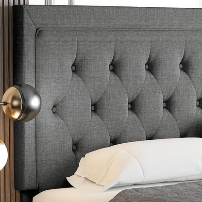 Allewie King Size Fabric Upholstered Bed Frame with Diamond Button Tufted/Adjustable Headboard/Wood Slat Support/Mattress Foundation/Dark Grey