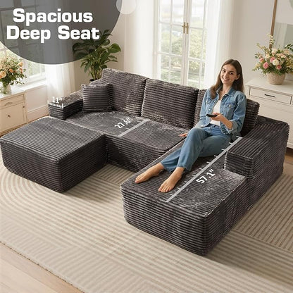 106" Cloud Sectional Couch with L-Shape Chaise & Ottoman, No Assembly Modular Sofa, Deep Seat Plush Corduroy Boneless Couched for Living Room (Gray Plush Corduroy, Right Facing Chaise with Ottoman)