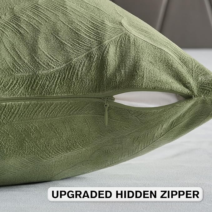 FUTEI Sage Green Velvet Throw Pillow Covers 20x20 Inch Set of 2,Soft Embossed Leaf-Relief Textured Cushion Cases,Natural Home Decor for Couch Living Room
