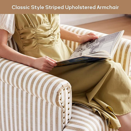 HUIMO Linen Fabric Accent Chair, Mid-Century Modern Armchair with Solid Wood Legs, Single Sofa Chair,Upholstered Reading Club Chair (1, Brown and White Stripe)