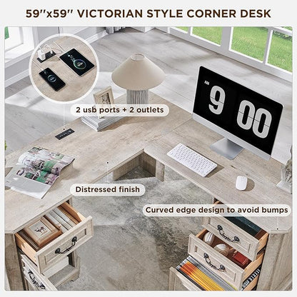 T4TREAM 59" Executive L Shaped Desk with Drawers,Farmhouse Wood Computer Coner Desk, Featuring Charging Station,File Drawer, Storage Cabinet,for Home Office Work and Study (Light Rustic Oak)