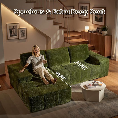 114" Glitter Cloud Sectional Couch with L-Shape Chaise, Modern Boneless Couches for Living Room Christmas Party, Fluffy Tufted Deep Seat Modular Sofa in a Box No Assembly