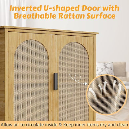 MUPATER 66.9'' Bamboo Over The Toilet Storage Cabinet, Bathroom Space Saver, U-Shaped Door with Rattan Surface, Over Toilet Bathroom Organizer with Open Storage Shelf, Natural