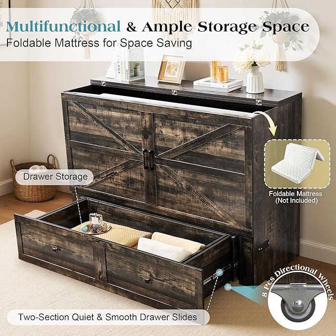 Queen Murphy Bed with Storage and Charging Station, Farmhouse Cabinet Bed, Noise-Free, for Guest Room, Apartment, or Office, Black Oak