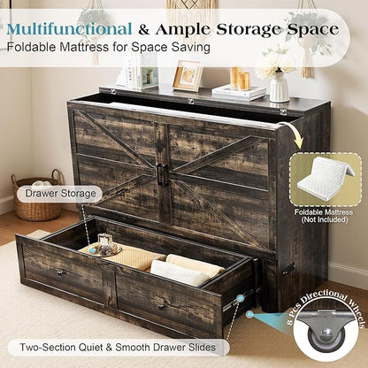 Queen Murphy Bed with Storage and Charging Station, Farmhouse Cabinet Bed, Noise-Free, for Guest Room, Apartment, or Office, Black Oak