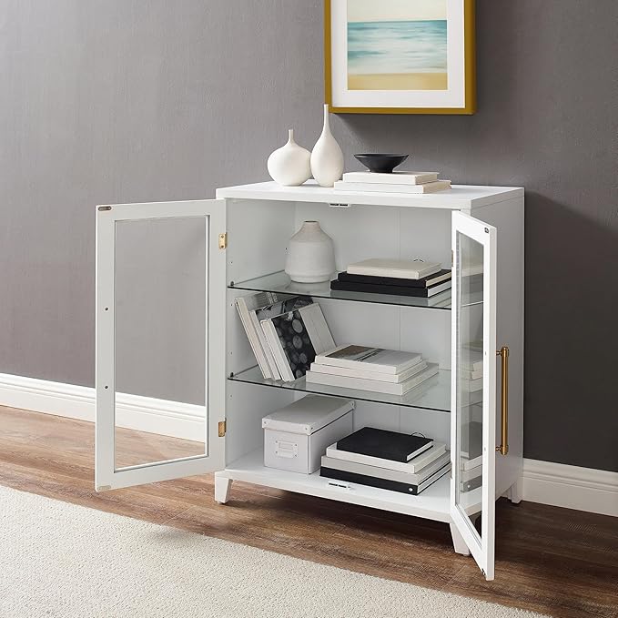 Crosley Furniture Roarke Stackable Glass Door Kitchen Pantry Storage Cabinet, Accent Cabinets for Entryway, White