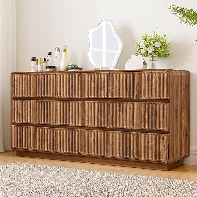 Fluted 9 Drawer Dresser for Bedroom, 60" Wide Modern Chest of Storage Drawers, Wood Dresser & Chest of Drawers with Curved Corners, Dressers TV Stand for Living Room (60" Walnut 9 Drawer)