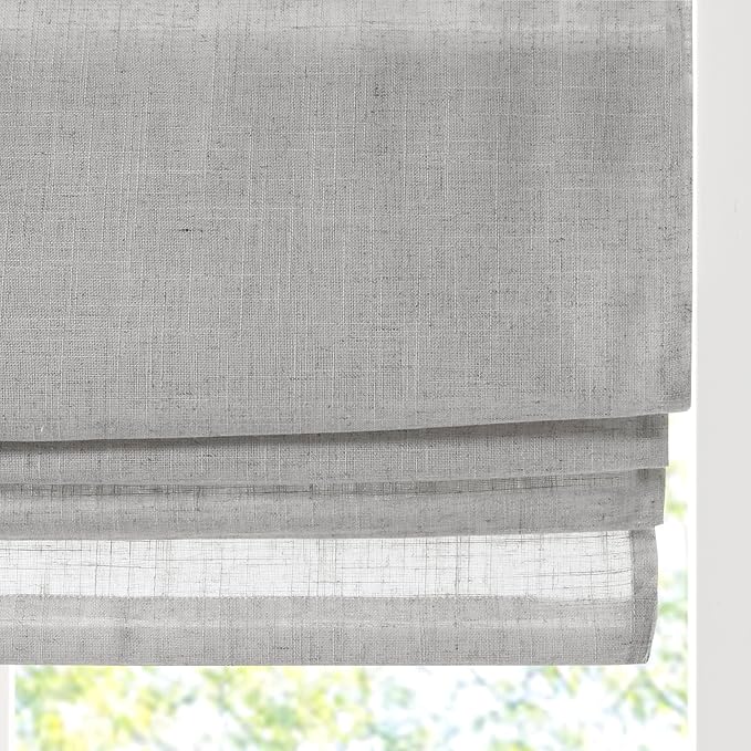 Madison Park Kyler Cordless Roman Shades - Single Panel, Lightweight Linen Blend Fabric, Natural Design, Easy Installation, Light Filtering Window Blind, Bedroom, Living Room Decor 35" W x 64" H Grey