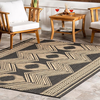 nuLOOM 8' x 10' Outdoor Tribal Geometric Area Rug, Stain Resistant, Weather Resistant, High Traffic, Patio, Balcony, Outside, Ranya Dark Grey