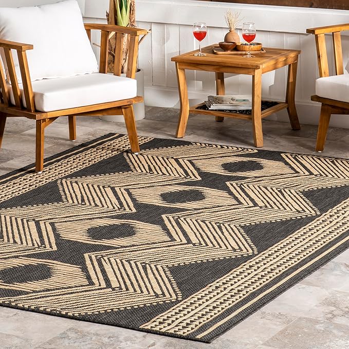 nuLOOM 10' x 13' Outdoor Tribal Geometric Area Rug, Stain Resistant, Weather Resistant, High Traffic, Patio, Balcony, Outside, Ranya Dark Grey