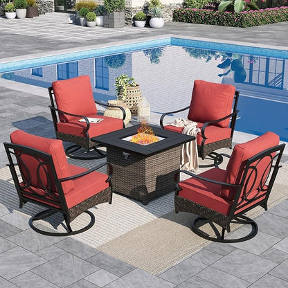 Sophia & William Patio Furniture Set with Fire Pit Table, 5 PCS Metal Outdoor Conversation Set Sofa Couch with Fire Pit Table, 4 Swivel Chairs for Outdoor Seating, Backyard, Porch(Red)