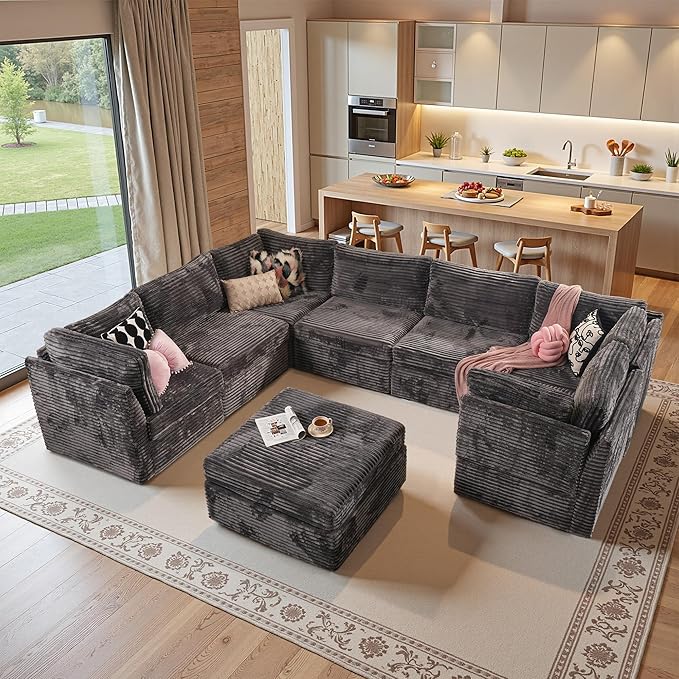 130'' Modern Modular Sectional Sofa with Ottoman, 8 Seater U Shaped Cloud Couch for Living Room, Oversized Deep Seat Convertible Sofa Set, Plush Corduroy Gray