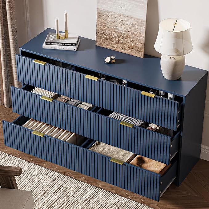 3-Piece Dresser Bedroom Set, 7 Drawer Dresser & 3 Drawer Nightstands with Gold Handles, Fluted Wood Chest of Drawers for Bedroom, Living Room, Entryway, Navy Blue