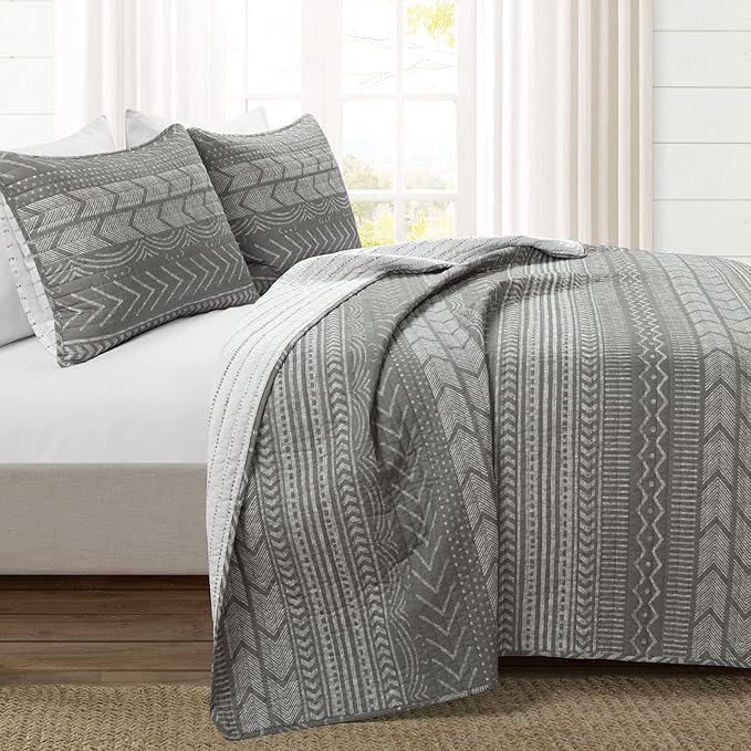 Lush Decor Hygge Geo Pattern Striped 3 Piece Quilt Bedding Set, Full/Queen, Charcoal