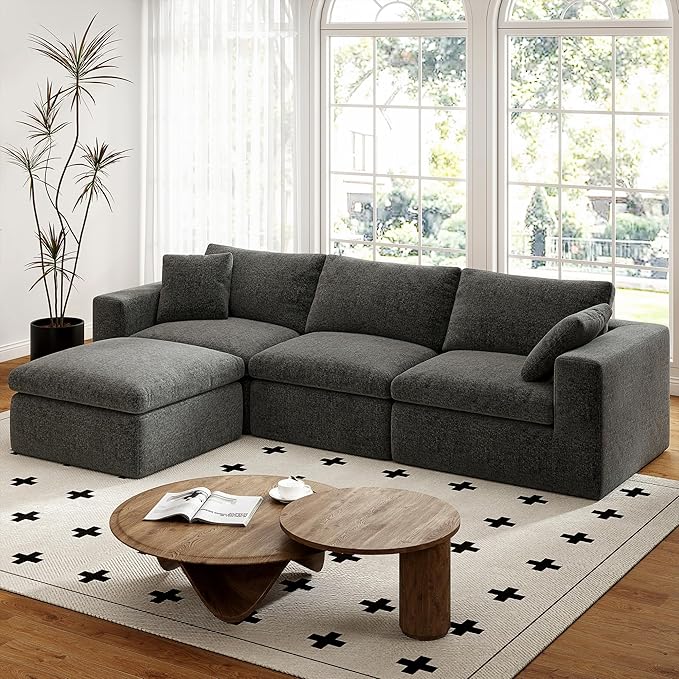 108.3" Cloud Sectional Couches for Living Room, L-Shape Couch with Ottoman, 3 Seater Modular Sectional Sofa with Deep Seats for Bedroom Office