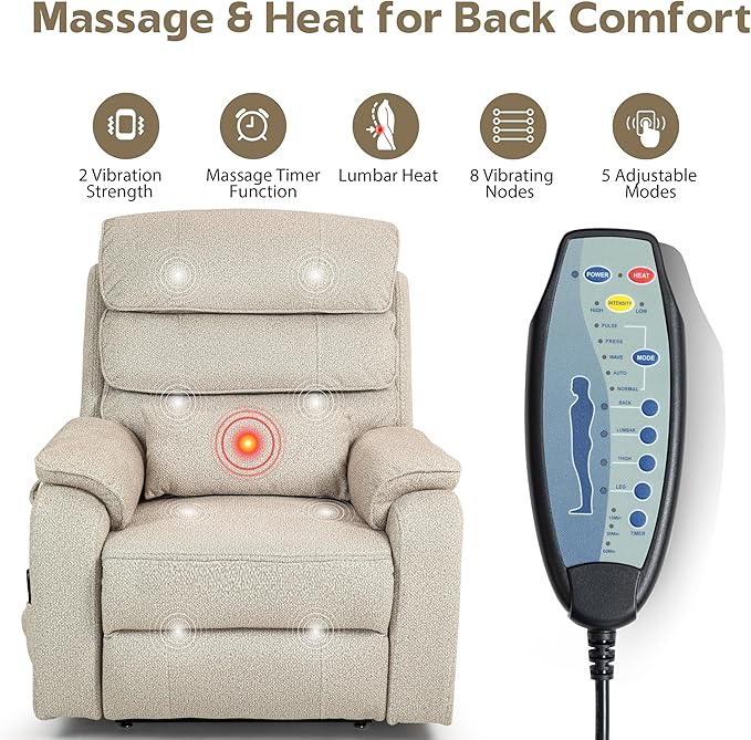 Power Lift Recliners Chairs for Elderly Adults Lay Flat Recliner with Heat & Massage, Wireless Charging Device, USB Ports, Cup Holder, Lumbar Pillow, 400Lbs（Grainy Fibric,Oatmeal）