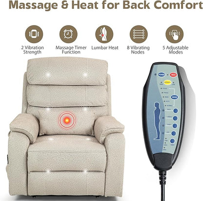 Power Lift Recliners Chairs for Elderly Adults Lay Flat Recliner with Heat & Massage, Wireless Charging Device, USB Ports, Cup Holder, Lumbar Pillow, 400Lbs（Grainy Fibric,Oatmeal）