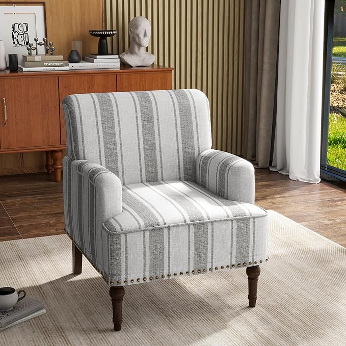 UIXE Stripe Accent Chairs Set of 2, Living Room Arm Chair Modern Nailhead Trim Club Armchair, Comfy Upholstered Sofa Lounge Seat Reading Seat Bedroom Side Seating for Home Office, Gray